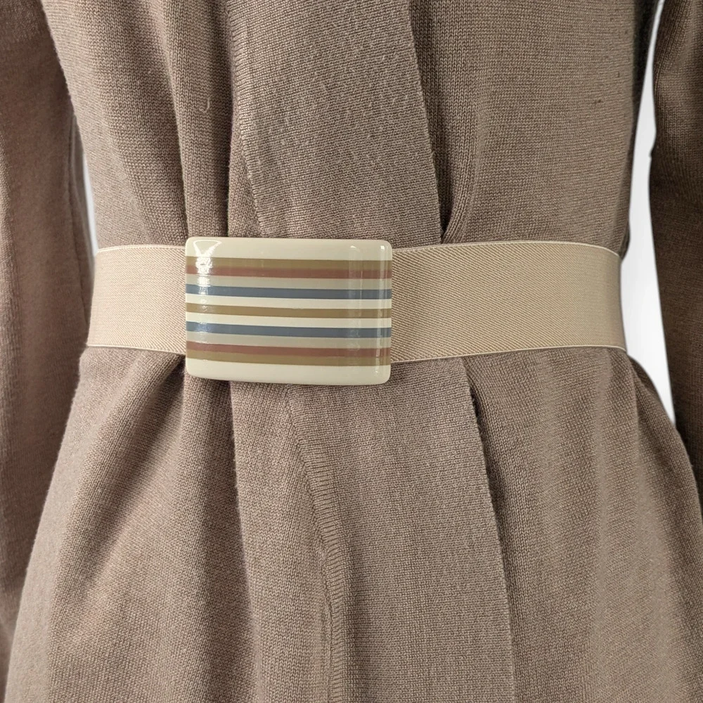 70s 80s Tan Stripe Belt ~ beige cream blue-gray rectangular buckle